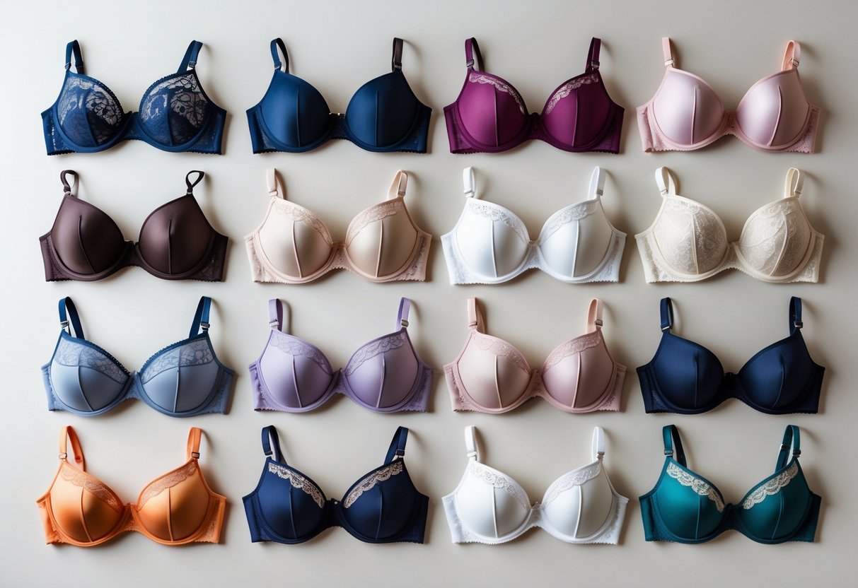 A collection of 24 different balconette bras arranged neatly on a neutral background.