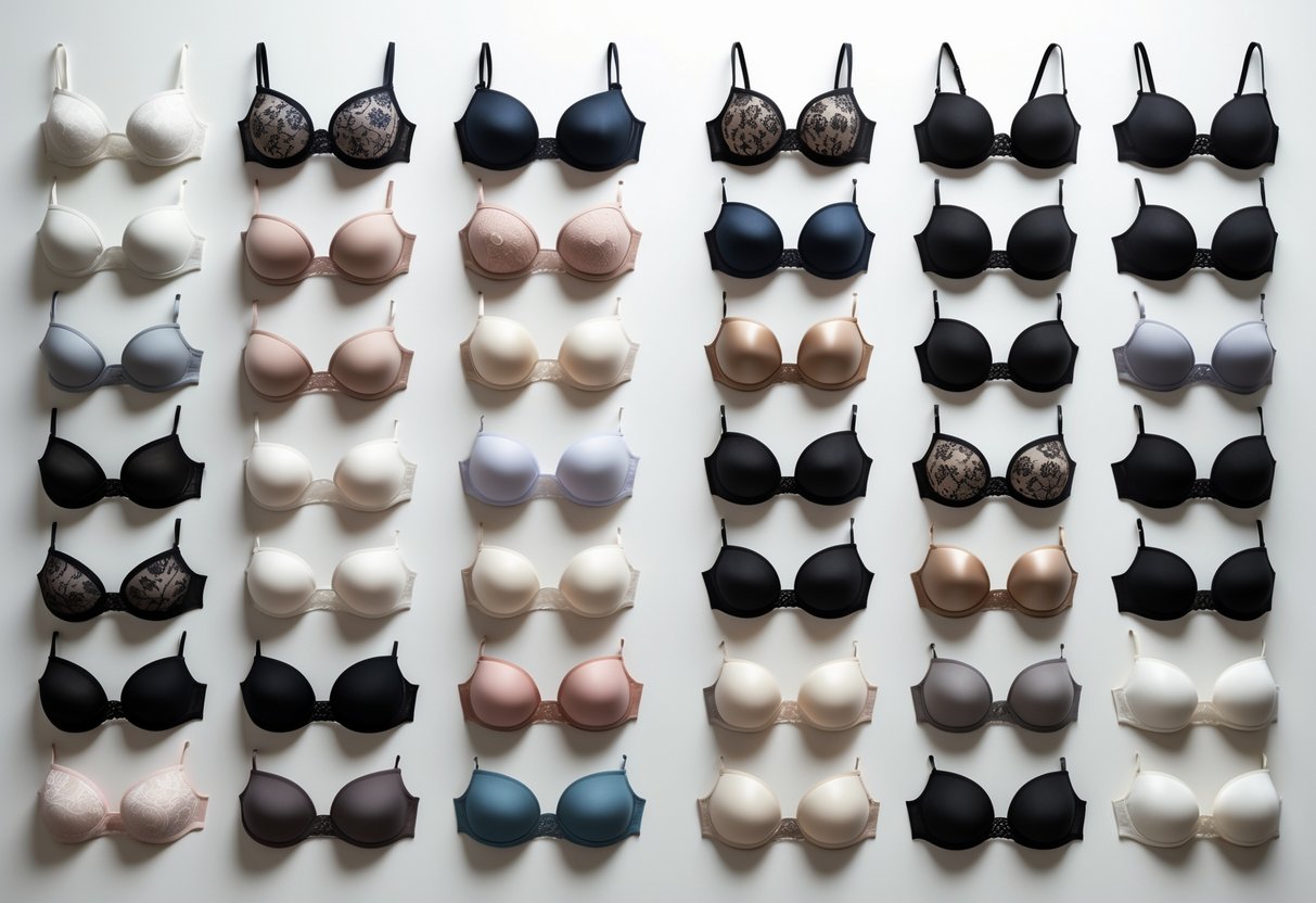 A collection of 24 different plunge bras displayed neatly on a neutral background.
