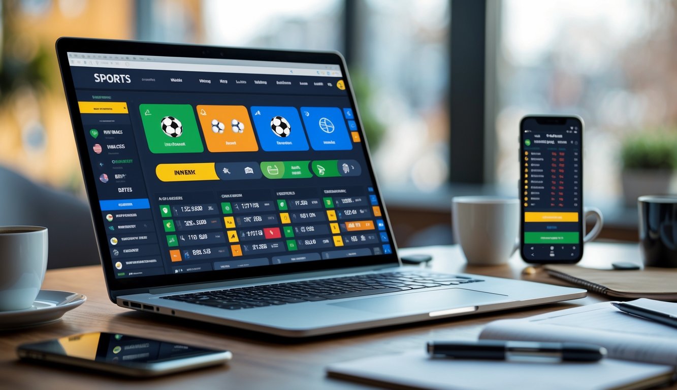 Seorang pengguna sedang melihat situs taruhan olahraga online di laptop di meja kerja dengan smartphone dan alat tulis di sekitarnya.