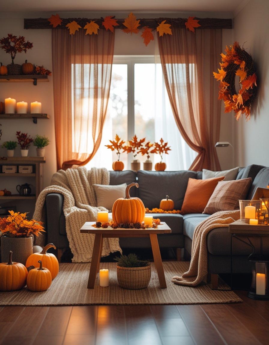 A cozy living room decorated with autumn-themed handmade decorations including pumpkins, knitted blankets, plants, candles, and a fall leaf wreath.