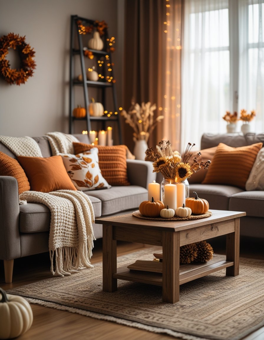 A living room with a sofa, wooden coffee table with pumpkins and candles, cushions, and autumn decorations.