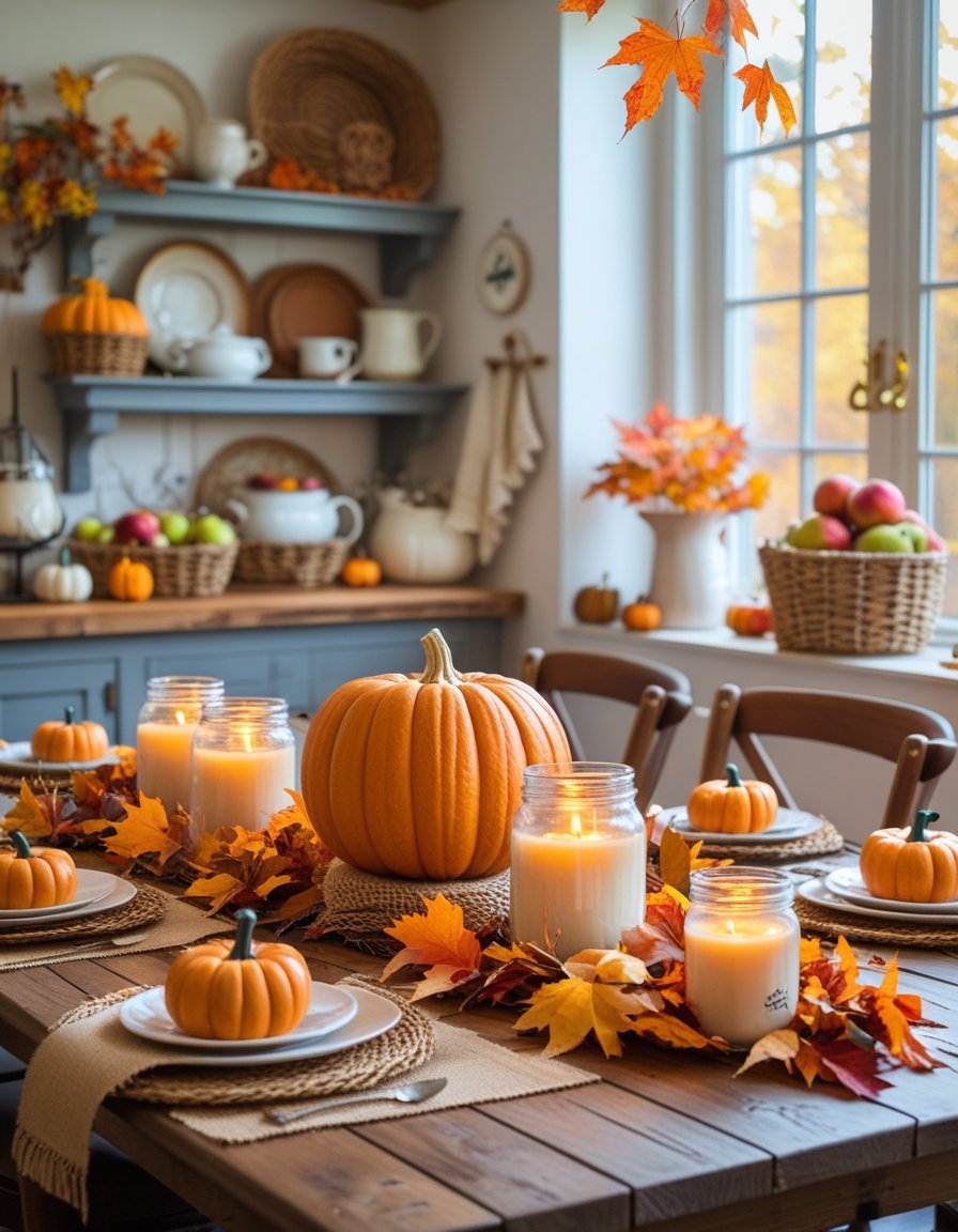 A cozy kitchen and dining area decorated with autumn-themed DIY accents including pumpkins, candles, fall leaves, and seasonal fruits on a rustic wooden table.