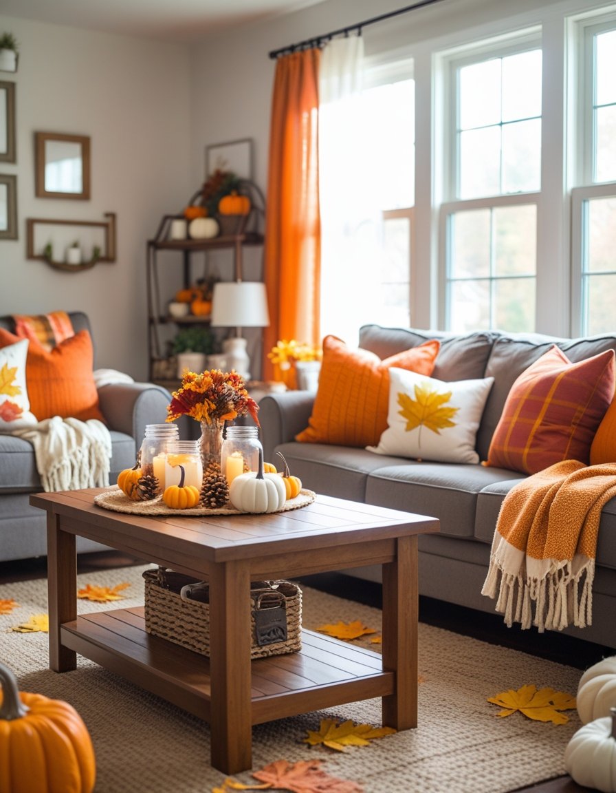 A cozy living room decorated with fall-themed items like pumpkins and warm-colored pillows, with a wooden coffee table displaying simple DIY decorations.
