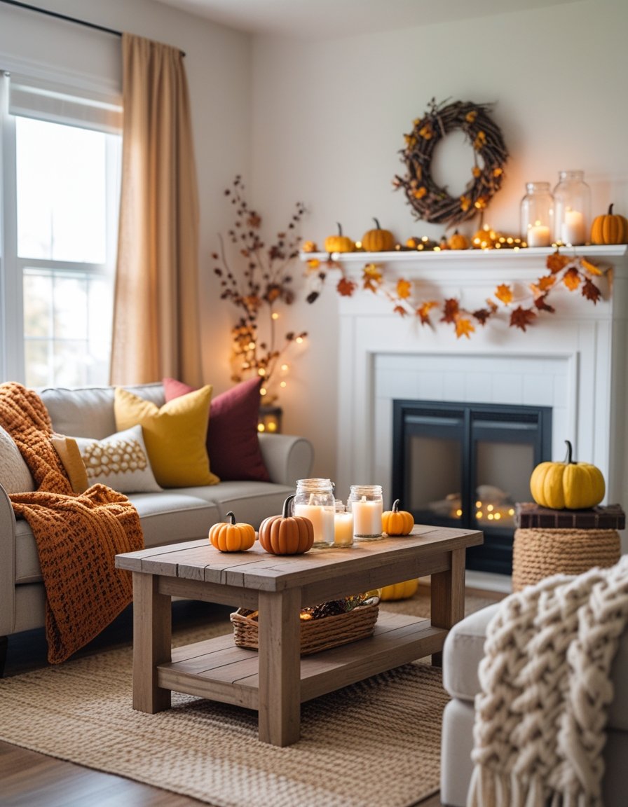 A cozy living room decorated with autumn-themed items like pumpkins, candles, and a knitted throw blanket on a sofa, creating a warm fall atmosphere.