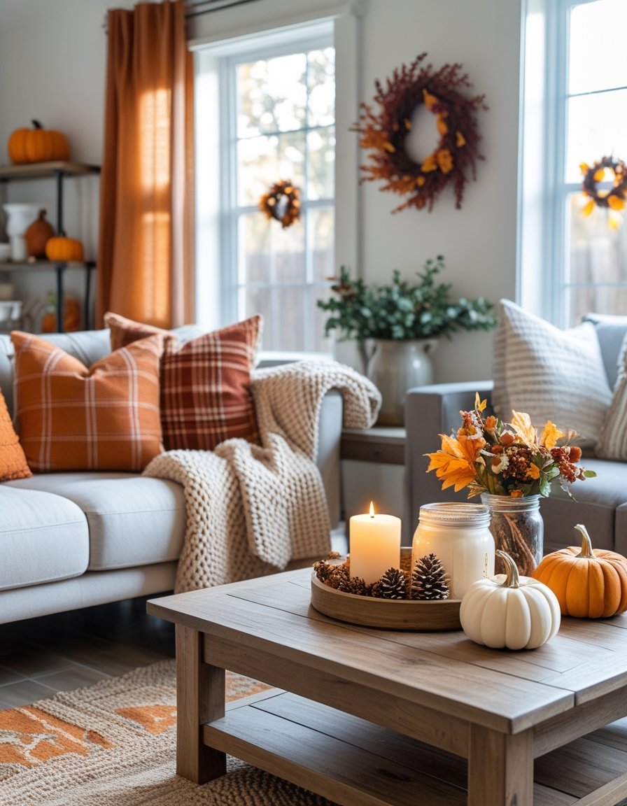 A cozy living room decorated with autumn-themed pillows, pumpkins, candles, and natural light coming through the windows.