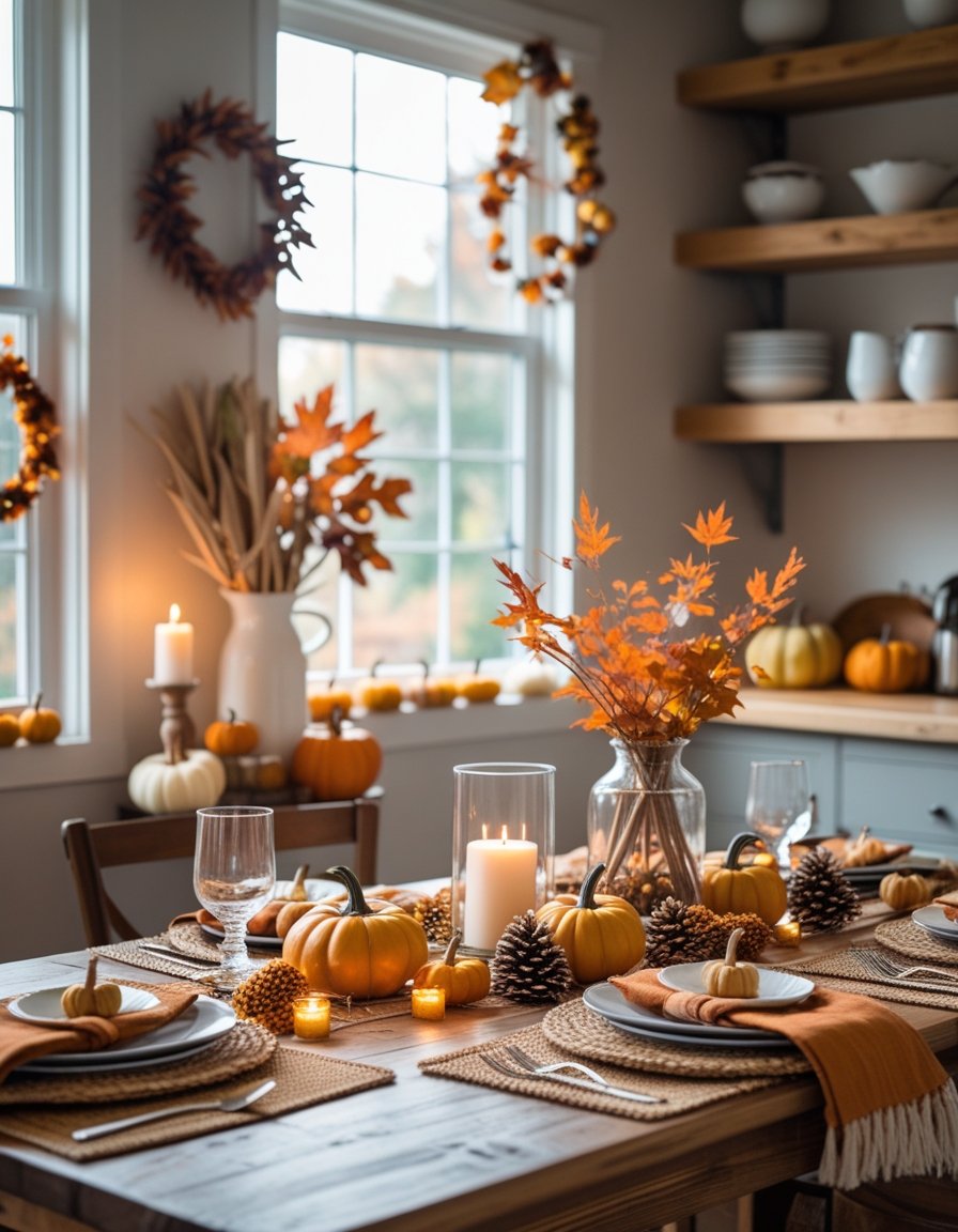 A cozy kitchen and dining table decorated with small pumpkins, candles, autumn leaves, and warm-toned textiles.