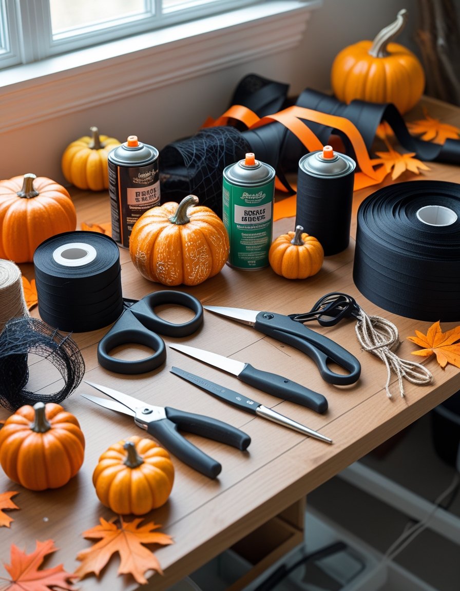 A table with tools and materials for making Halloween decorations, including paint, glue gun, scissors, ribbons, pumpkins, and autumn leaves.