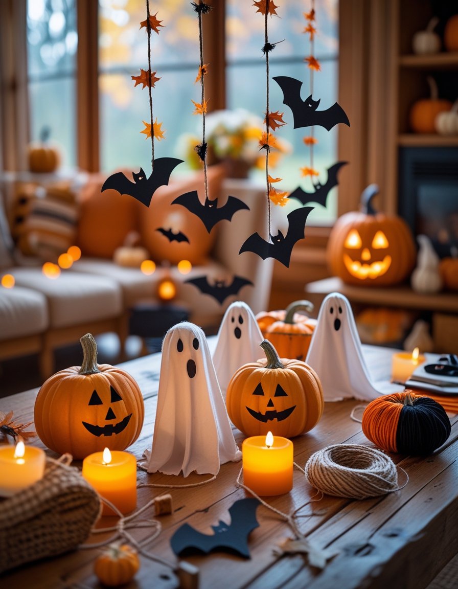 A living room with handmade Halloween decorations including ghost figures, paper bats, small pumpkins, and candles arranged on a wooden table with craft supplies nearby.