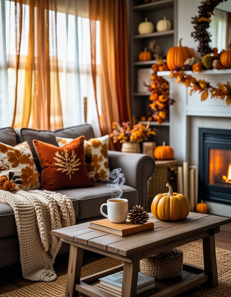 A cozy living room with warm autumn decorations, a fireplace, soft blankets on a sofa, and fall-themed accents creating a welcoming atmosphere.