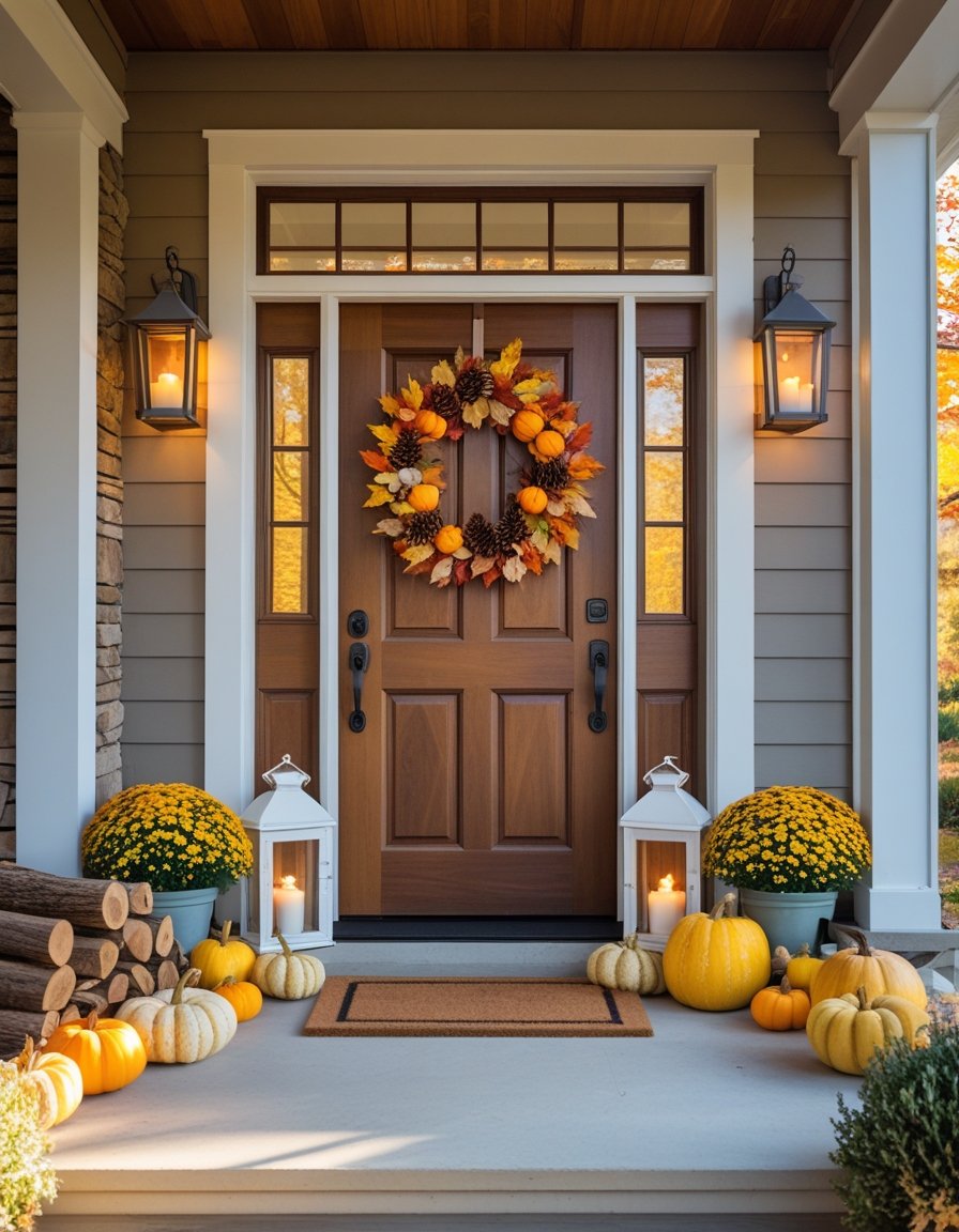 A cozy home entryway decorated with an autumn wreath on the door, glowing lanterns, potted mums, pumpkins, and firewood on a clean porch.