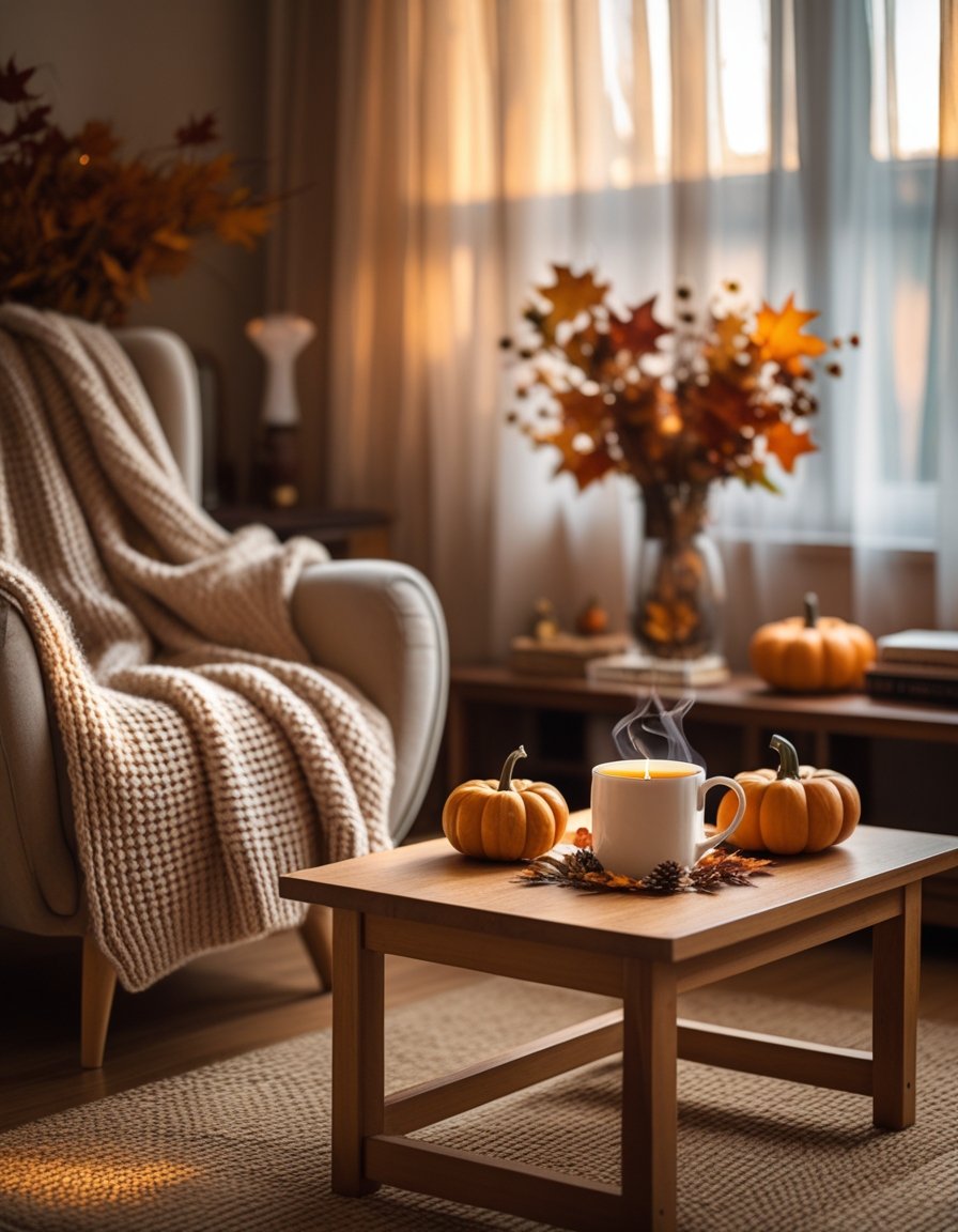 A cozy living room with autumn decorations, a lit candle, a soft blanket on a chair, and a steaming mug on a wooden table.