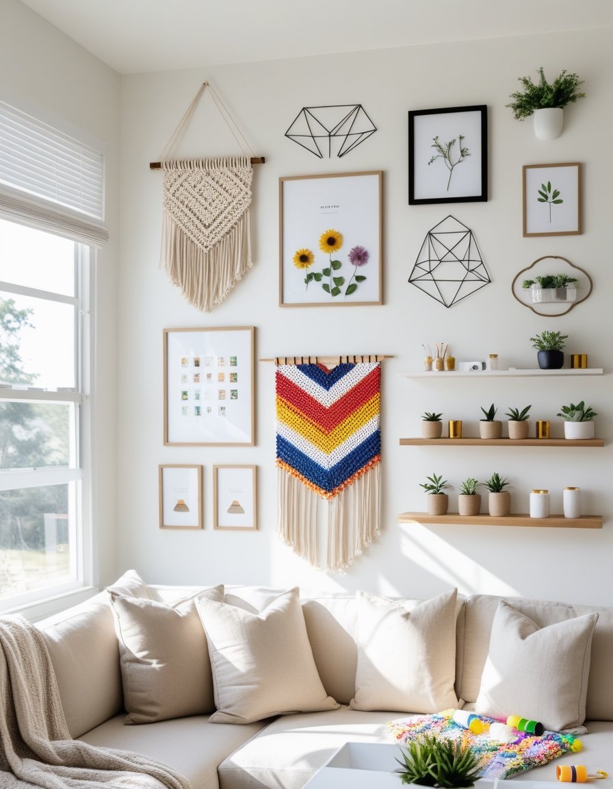 A living room wall decorated with seven different DIY wall decor pieces arranged in a grid above a sofa, with crafting materials on a nearby table.