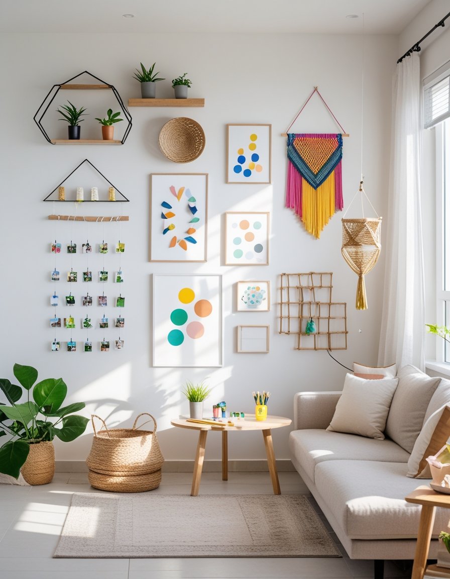 A living room wall displaying seven different DIY wall decor items including shelves, macrame, framed art, photo frames, string lights, a woven basket, and floating shelves, with a sofa and craft supplies nearby.