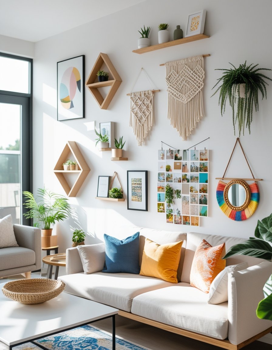 A modern living room wall decorated with seven different DIY wall decor pieces including framed art, wooden shelves with plants, a macrame hanging, photos, a decorative mirror, and a woven tapestry.