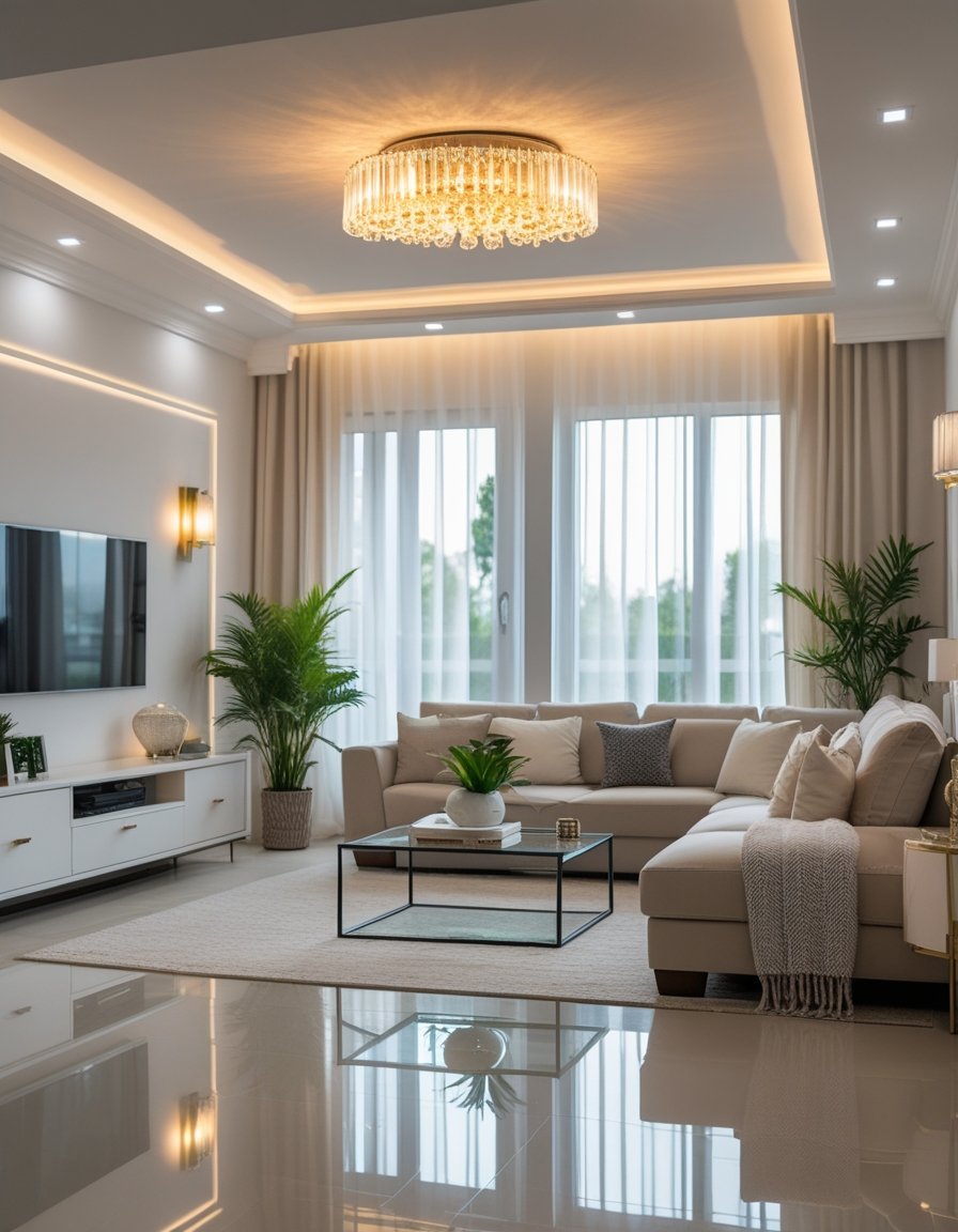A modern living room with elegant lighting fixtures including a chandelier, recessed ceiling lights, and wall sconces illuminating a stylish, comfortable space.