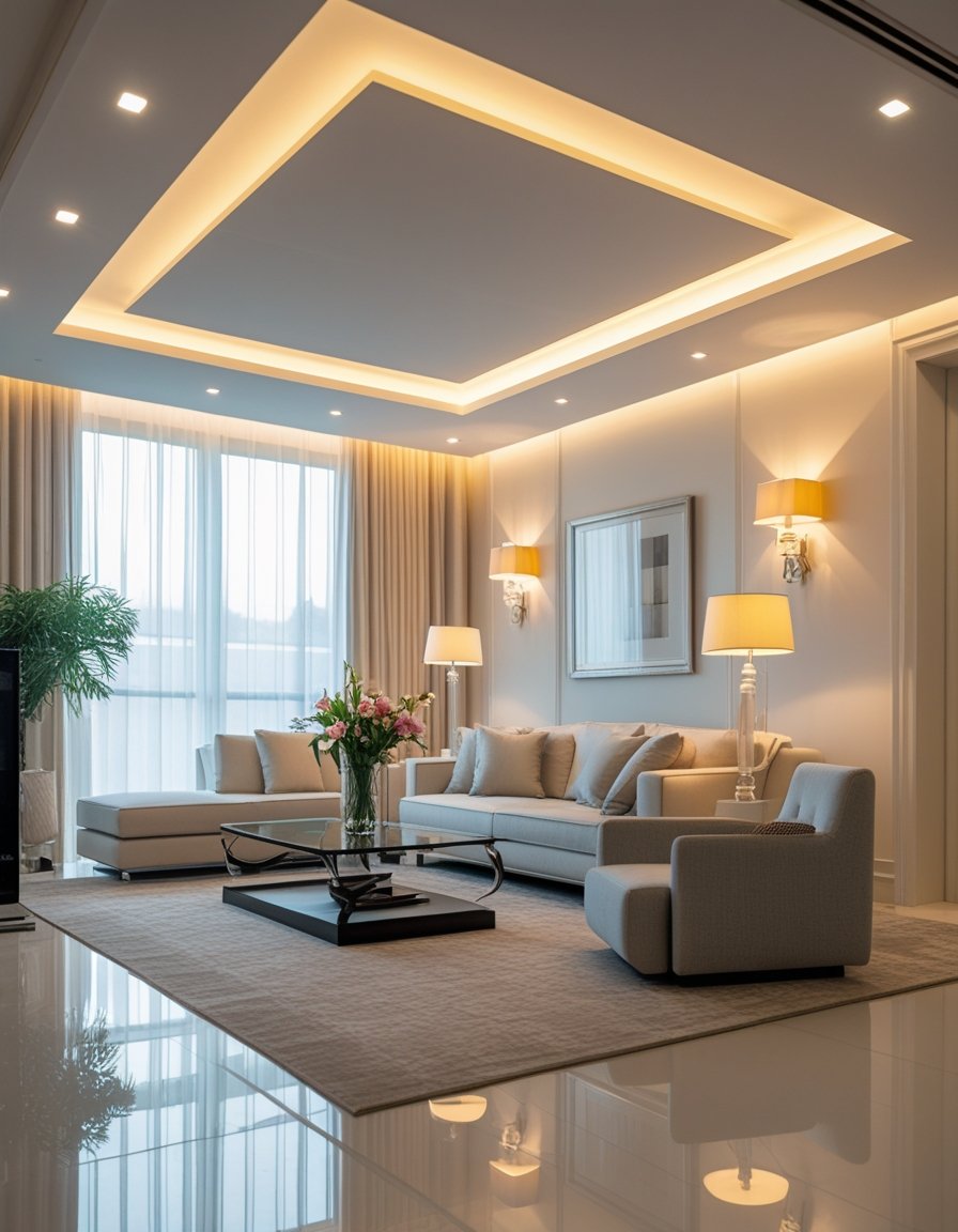 A modern living room with layered lighting including ceiling lights, wall sconces, and a floor lamp illuminating a sofa, coffee table, and decorative items near large windows.