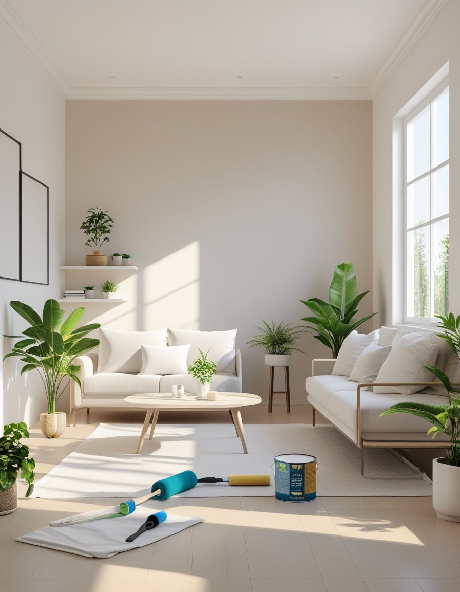 A modern living room with freshly painted walls, furniture, plants, and painting supplies on the floor.
