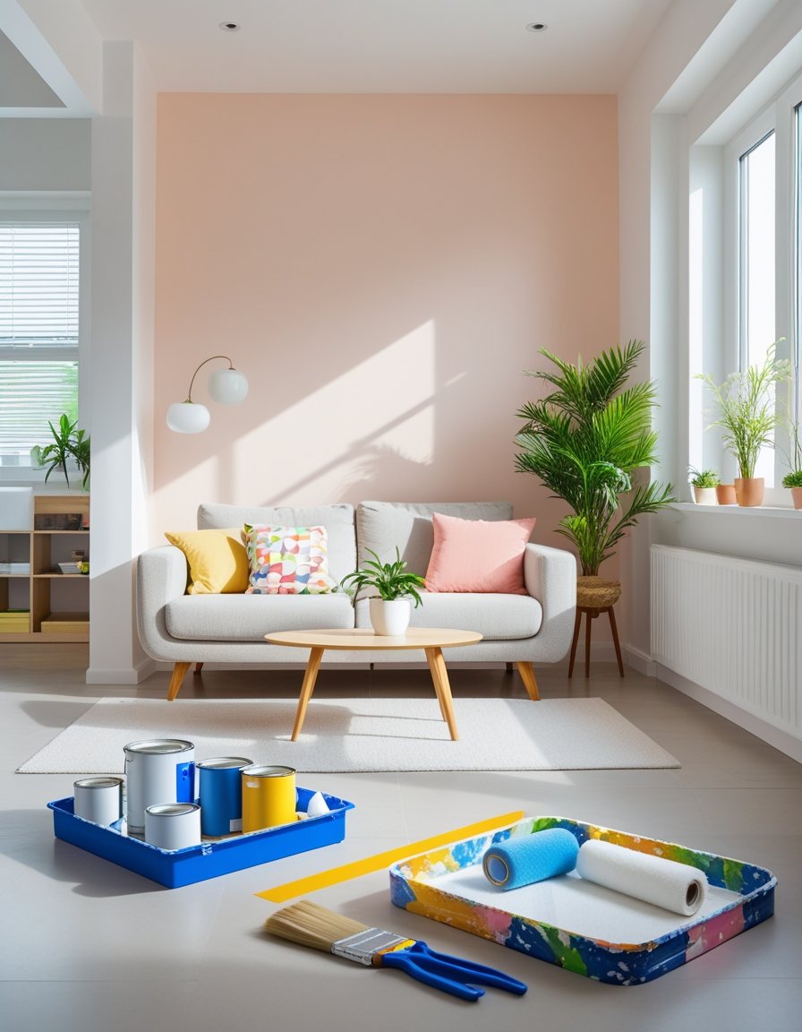 A living room with a freshly painted accent wall, a sofa with cushions, a coffee table, and painting supplies on the floor.