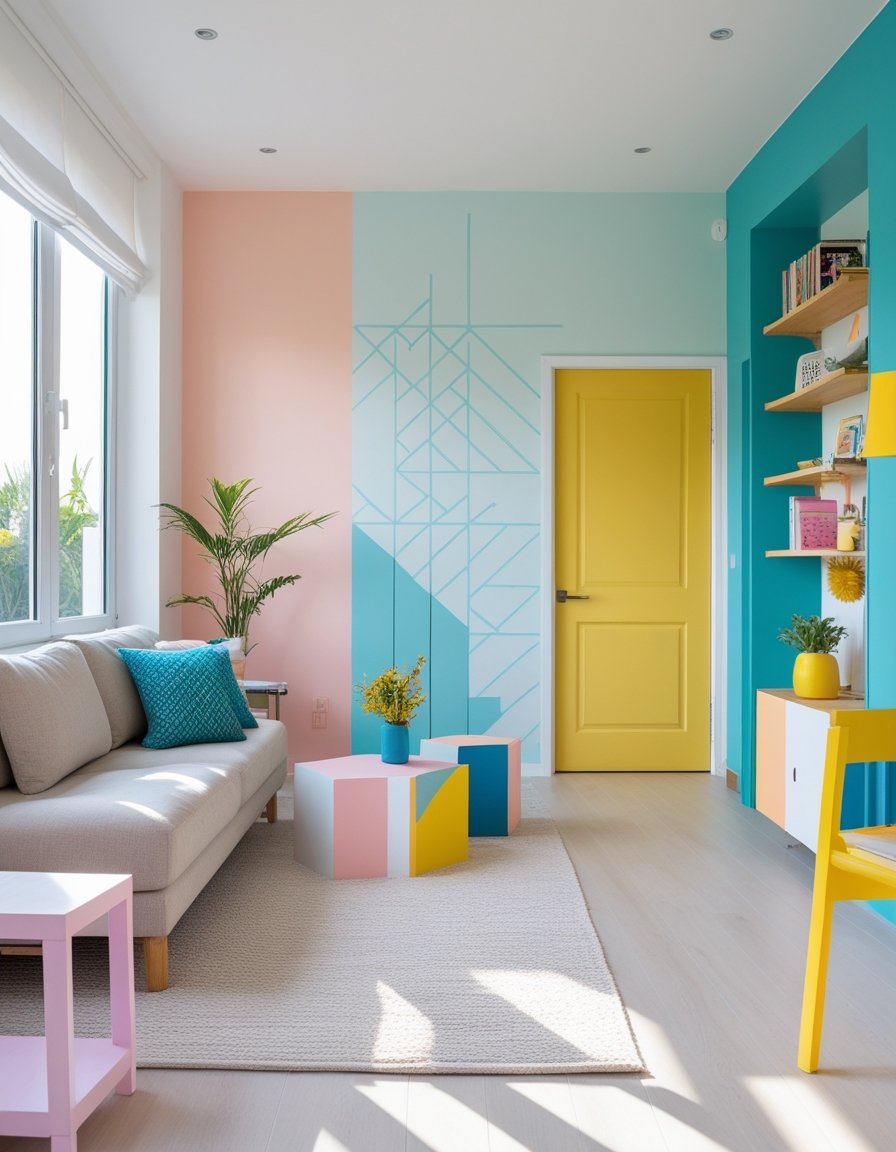 A modern living room with various painted walls, furniture, and decor showing different easy paint projects that enhance the space.