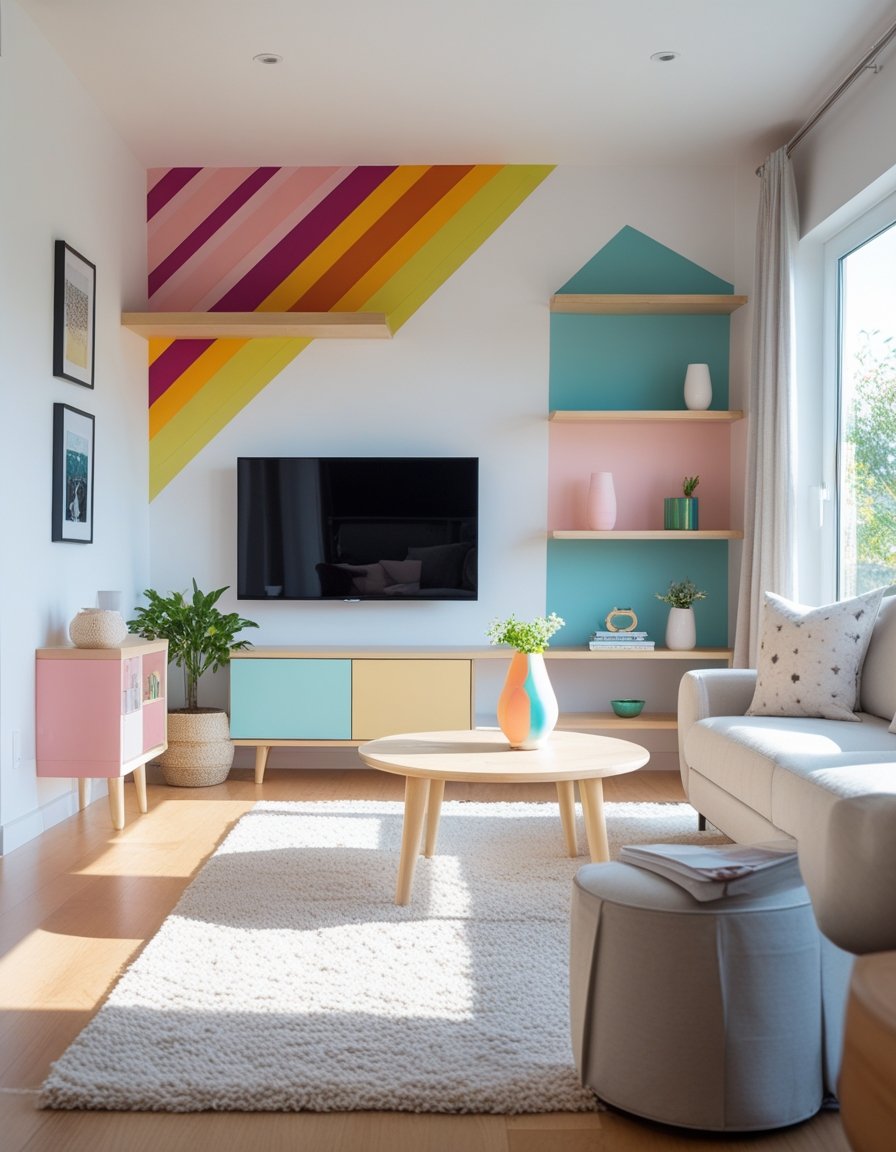 A bright living room with colorful painted accent wall, painted shelves, and a decorative vase on a coffee table.