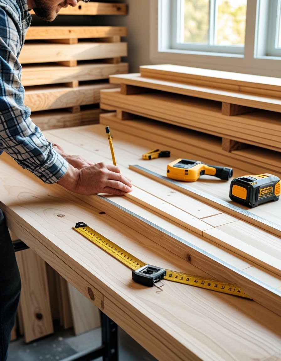 Hands measuring and marking wooden planks on a workbench with woodworking tools nearby.