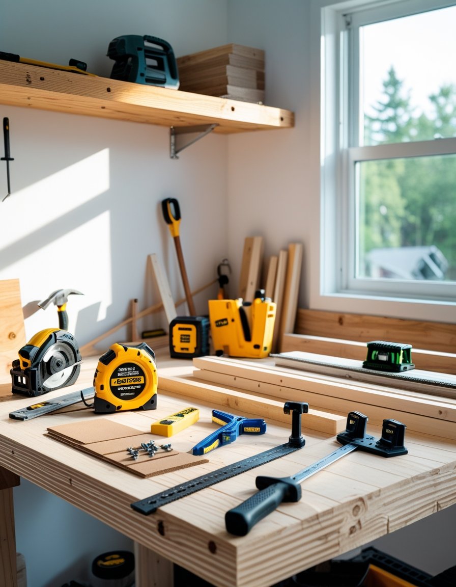 A workspace with tools and wooden supplies arranged on a workbench for building floating shelves.