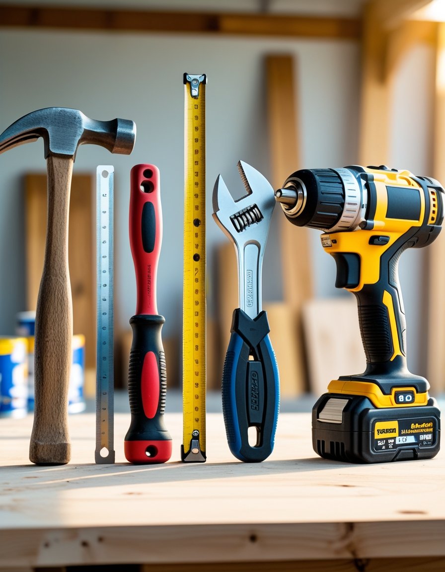 Five essential DIY tools including a hammer, tape measure, screwdriver, cordless drill, and adjustable wrench arranged on a wooden workbench in a home workshop.