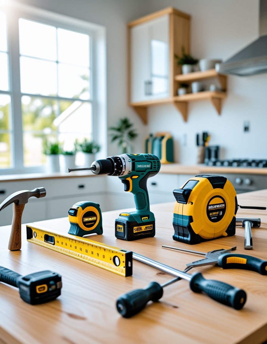 A wooden workbench with five essential DIY tools arranged neatly, including a hammer, drill, measuring tape, spirit level, and screwdrivers, in a bright home interior.