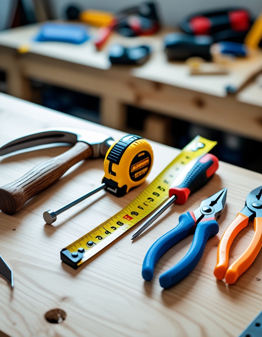 Five essential hand tools including a hammer, measuring tape, screwdriver, pliers, and utility knife arranged on a wooden workbench.