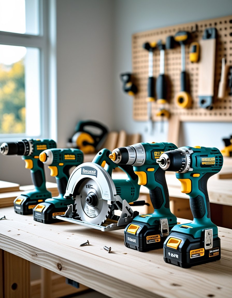 Five essential power tools including a cordless drill, circular saw, electric sander, jigsaw, and power screwdriver arranged on a wooden workbench in a bright workshop.