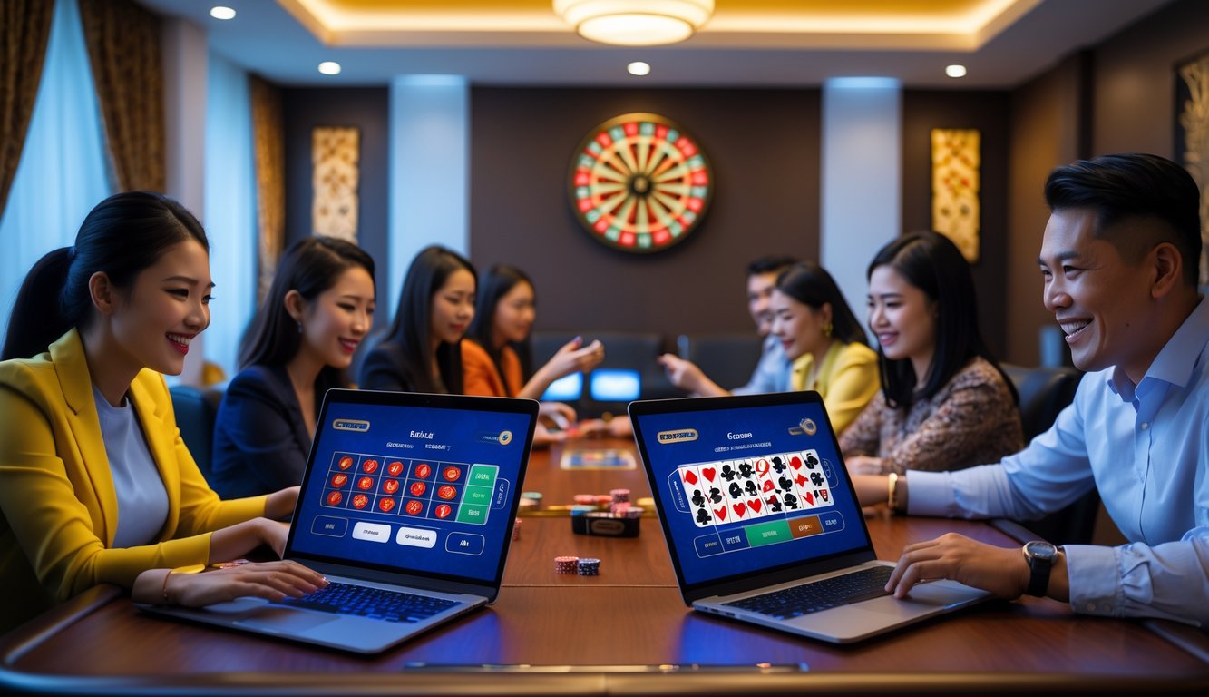 Orang-orang menggunakan laptop dan ponsel untuk bermain permainan kasino langsung di ruangan yang terang dengan dekorasi batik.