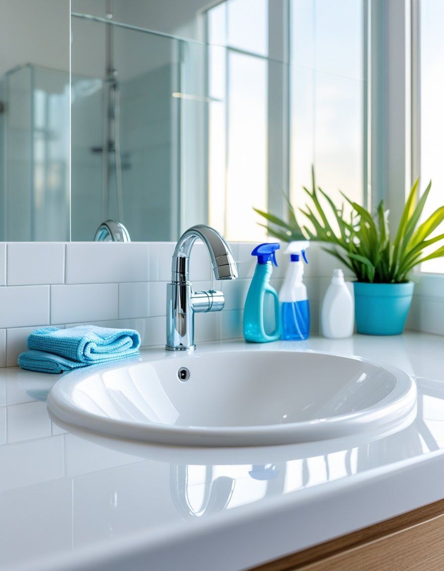 A clean bathroom sink and countertop with cleaning supplies and a small plant near a large mirror reflecting natural light.