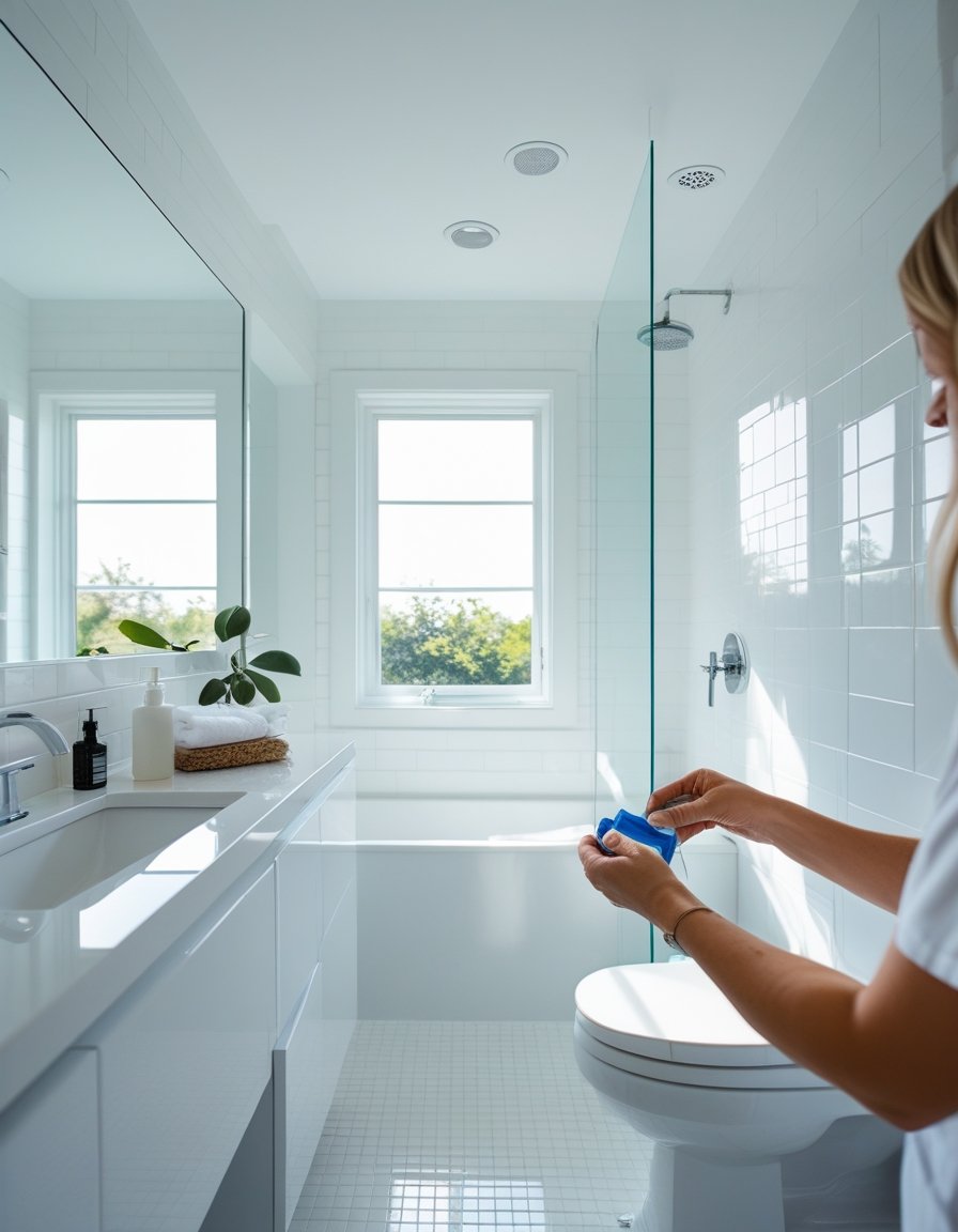 A modern bathroom with white tiles, a sleek vanity, a large mirror, and hands applying a DIY improvement.