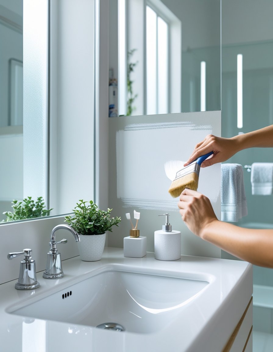 Hands painting a bathroom wall white with a paintbrush in a clean, well-lit bathroom featuring a sink, mirror, and organized countertop.