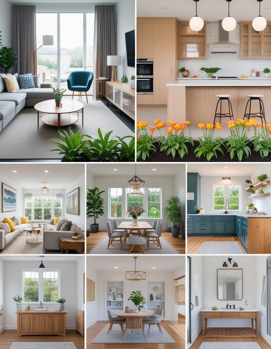 A collage showing seven before and after views of various home DIY transformations including living room, kitchen, garden, bedroom, table, workspace, and bathroom improvements.