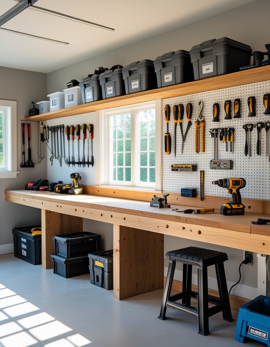 A clean and organized garage workshop with a wooden workbench, tools hanging on a pegboard, shelves with storage bins, and natural light coming through a window.