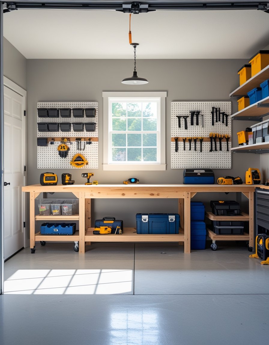 An organized garage with a workbench, tools on pegboards, and storage shelves, ready for use as a workshop.