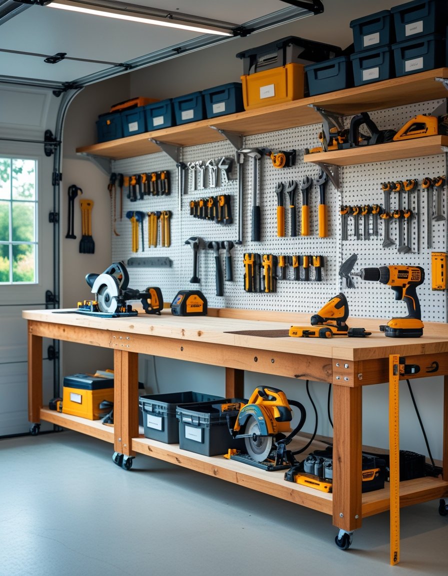 A clean and organized garage workshop with a wooden workbench, tools on pegboards, shelves with storage bins, and power tools on the bench.