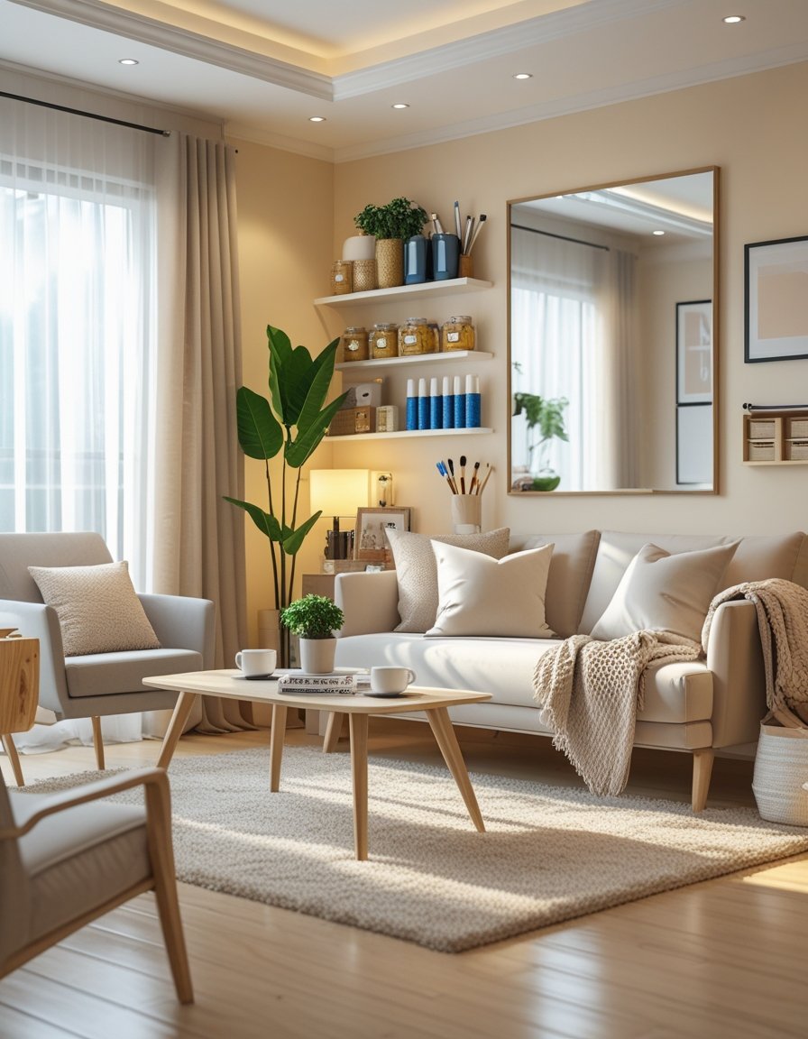 A bright living room with a sofa, coffee table, shelves with tools and decorations, large windows, and a cozy rug.