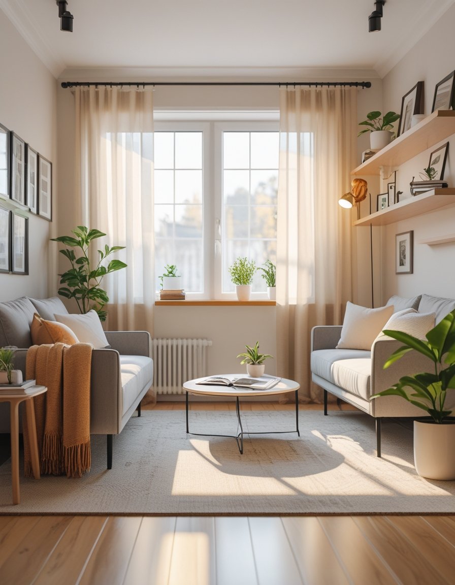 A bright living room with a sofa, coffee table, shelves with decor, and large windows letting in natural light.