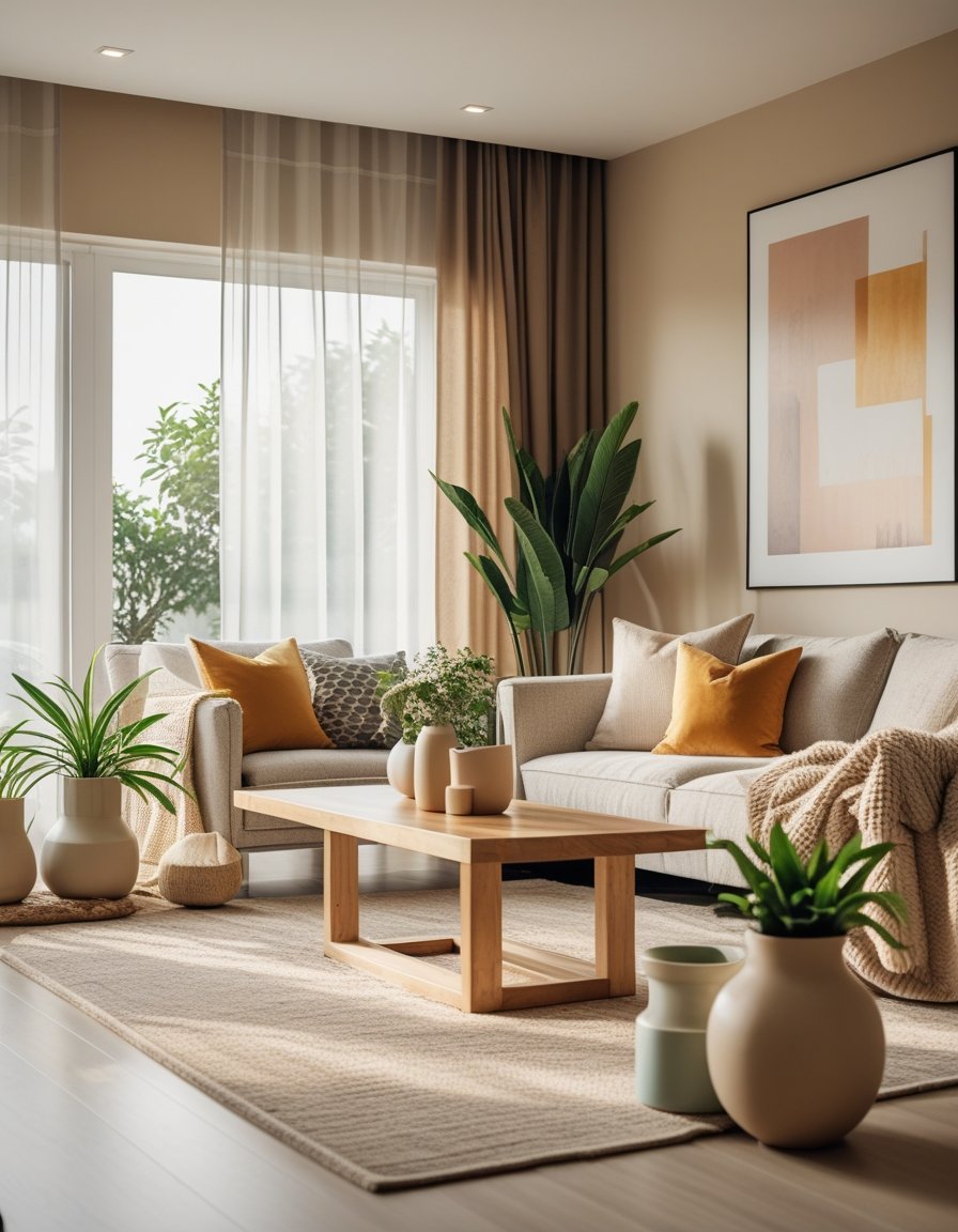 A cozy living room with a sofa, coffee table, plants, and soft natural light coming through windows.
