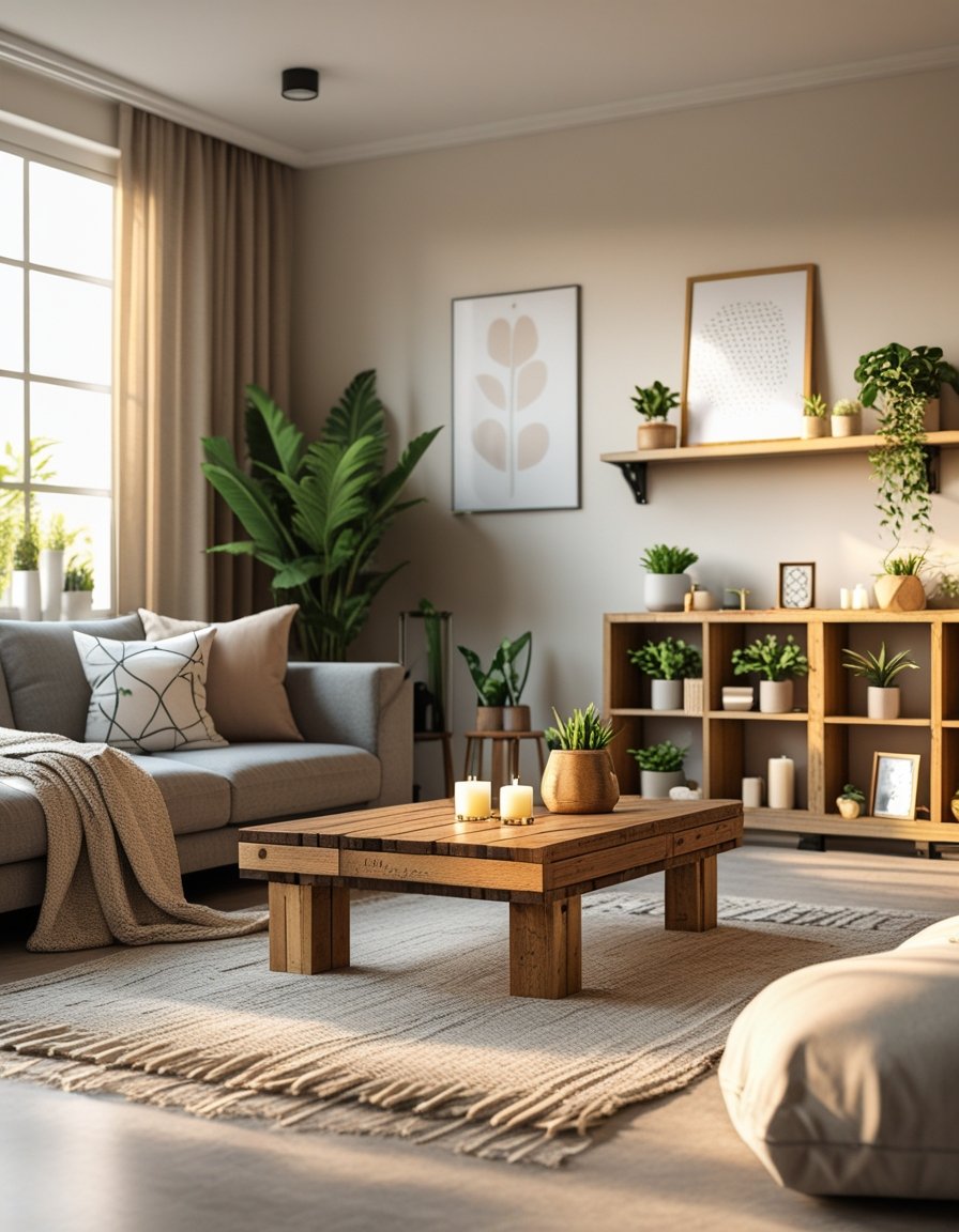 A cozy living room with a sofa, wooden coffee table, shelves with plants and decor, and natural light coming through large windows.