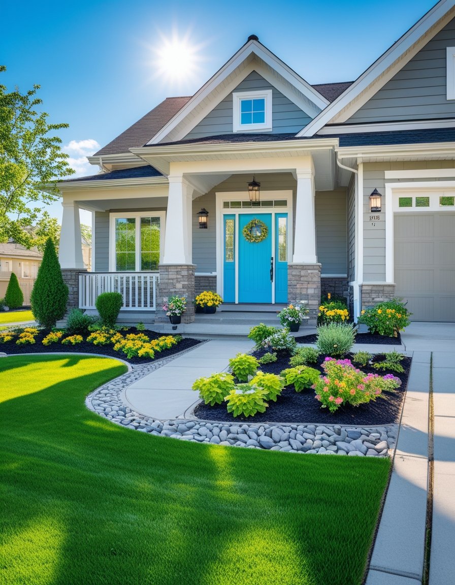 A well-maintained suburban house with a colorful front door, green lawn, flower beds, modern outdoor lights, and a clean driveway.