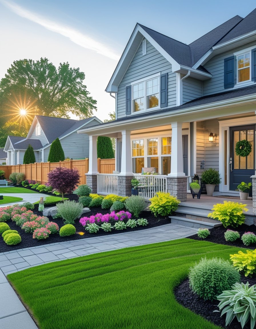 A well-maintained suburban house with a manicured lawn, colorful flowers, trimmed shrubs, stone pathway, outdoor lighting, wooden fence, and a tidy front porch.