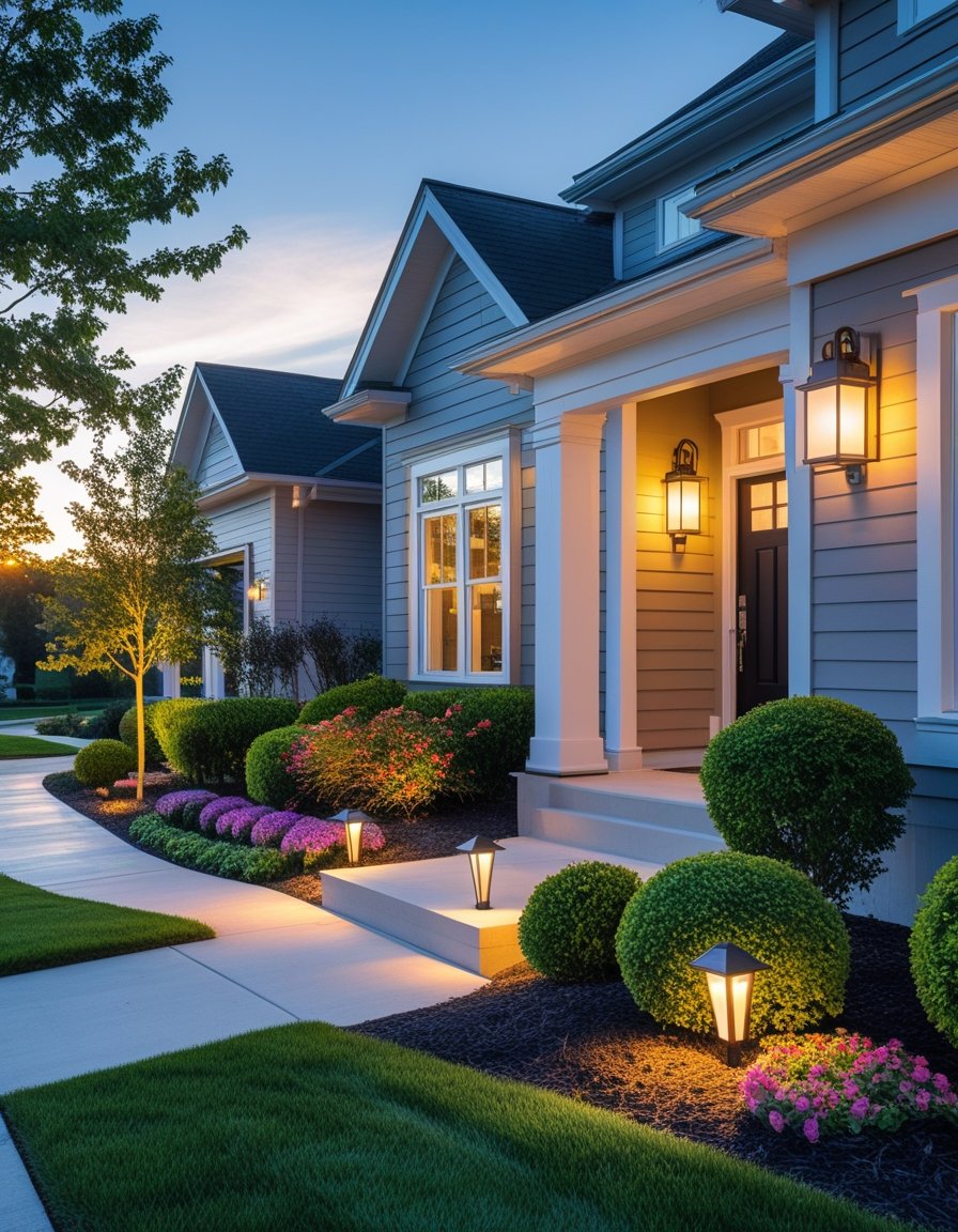 A modern suburban house exterior with outdoor lighting illuminating the walkway, front porch, and landscaping during sunset.