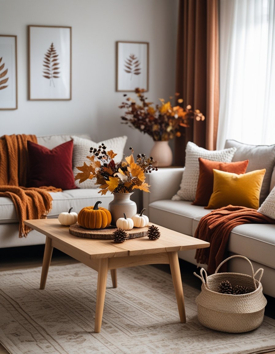 A living room decorated with autumn-themed pillows, blankets, small pumpkins, and dried flowers on a coffee table, creating a warm and cozy fall atmosphere.
