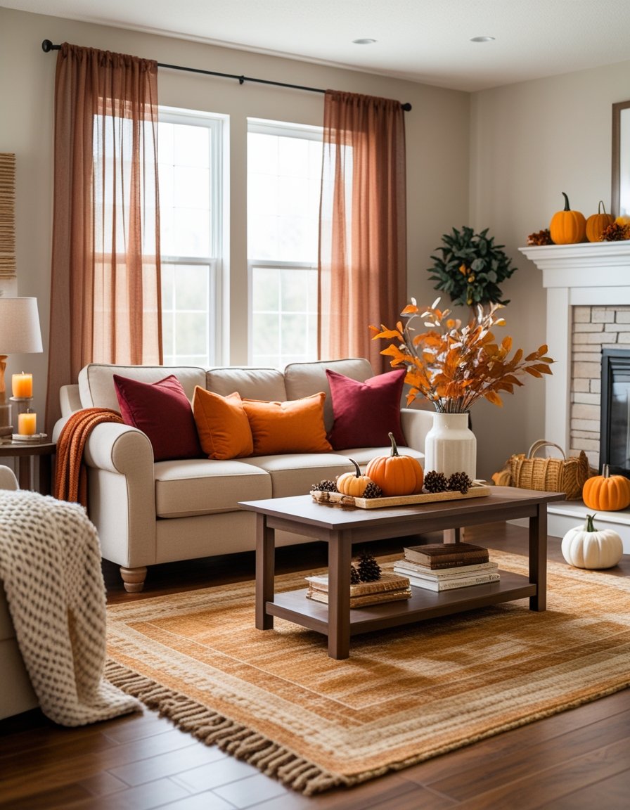 A cozy living room with autumn-themed pillows, blankets, and seasonal decor on a coffee table, bathed in natural light.
