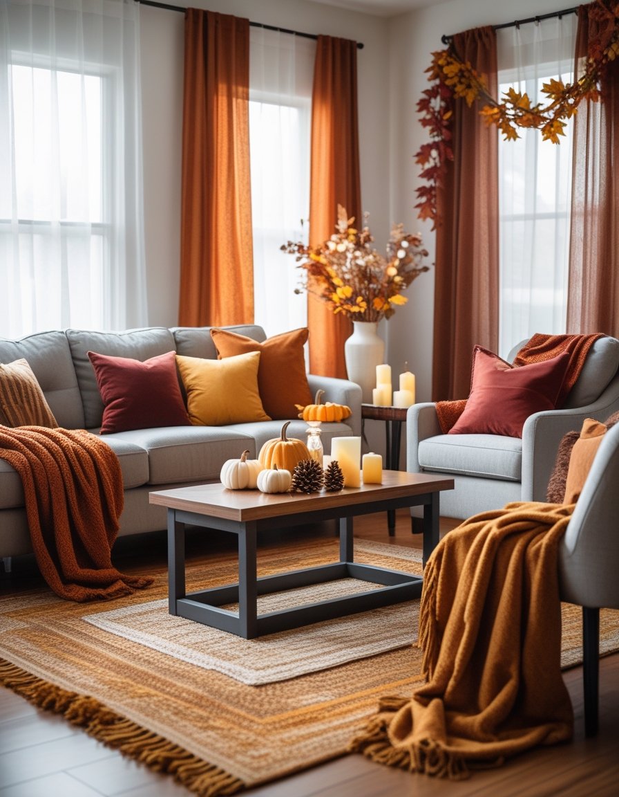 A living room with warm-colored throw blankets and pillows on a sofa, a wooden coffee table with autumn decorations, and layered curtains letting in soft natural light.