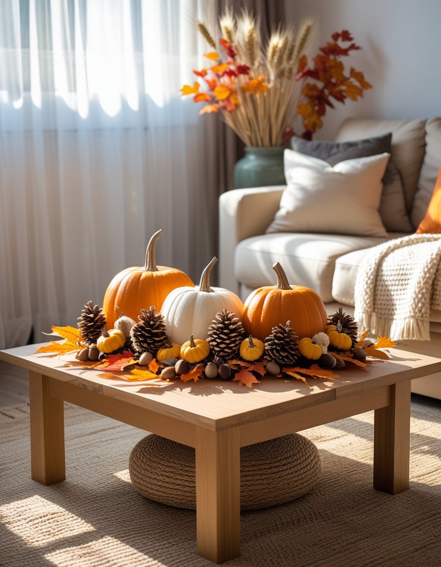 A cozy living room with fall decorations including pumpkins, autumn leaves, pinecones, and dried plants arranged on a wooden coffee table and around a beige sofa.