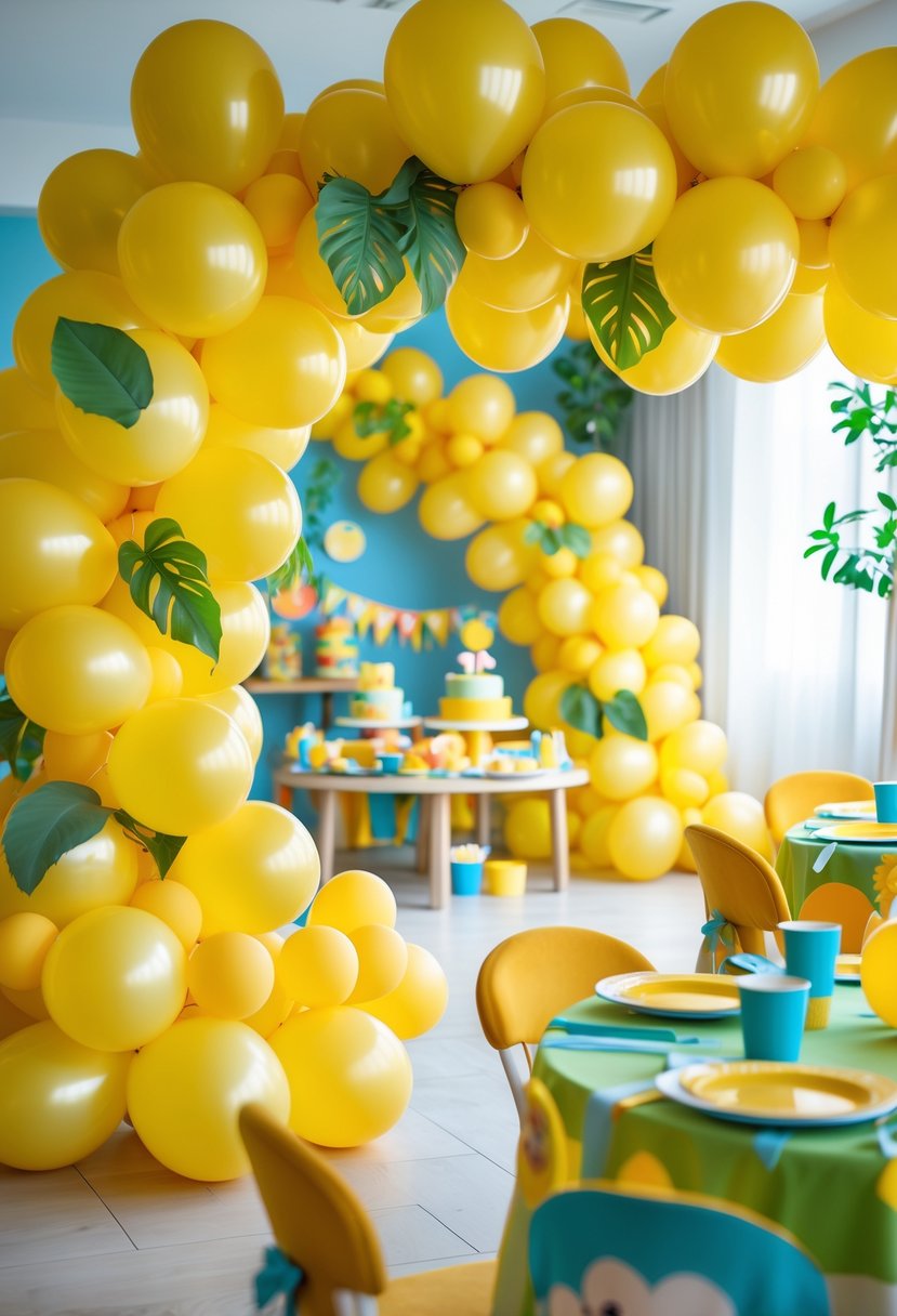 A bright yellow balloon garland decorating a children's birthday party with playful monkey-themed decorations and colorful party supplies on tables.